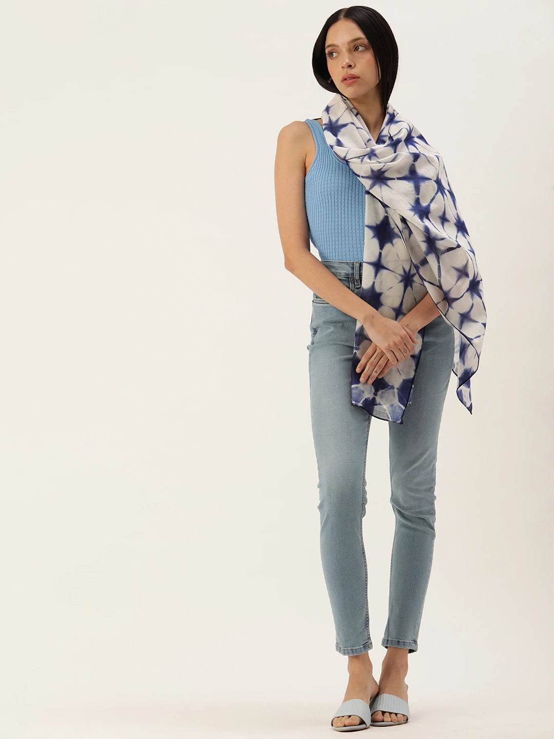 ASVA Handwoven Chanderi Silk Blue and White Shibori Starry Night Dyed Scarf