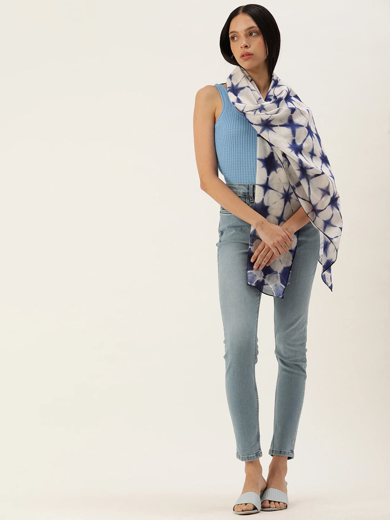 Handwoven Chanderi Silk Blue and White Shibori Starry Night Dyed Scarf