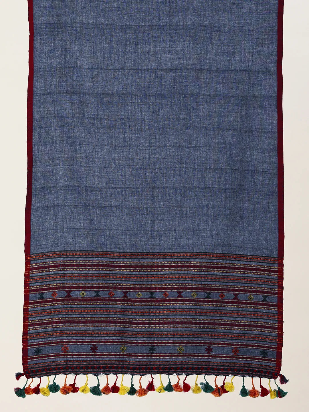 Asva Handwoven Cotton Scarf: Blue with Red Selvedge Multi Colour Stripes & Colorful Tassels