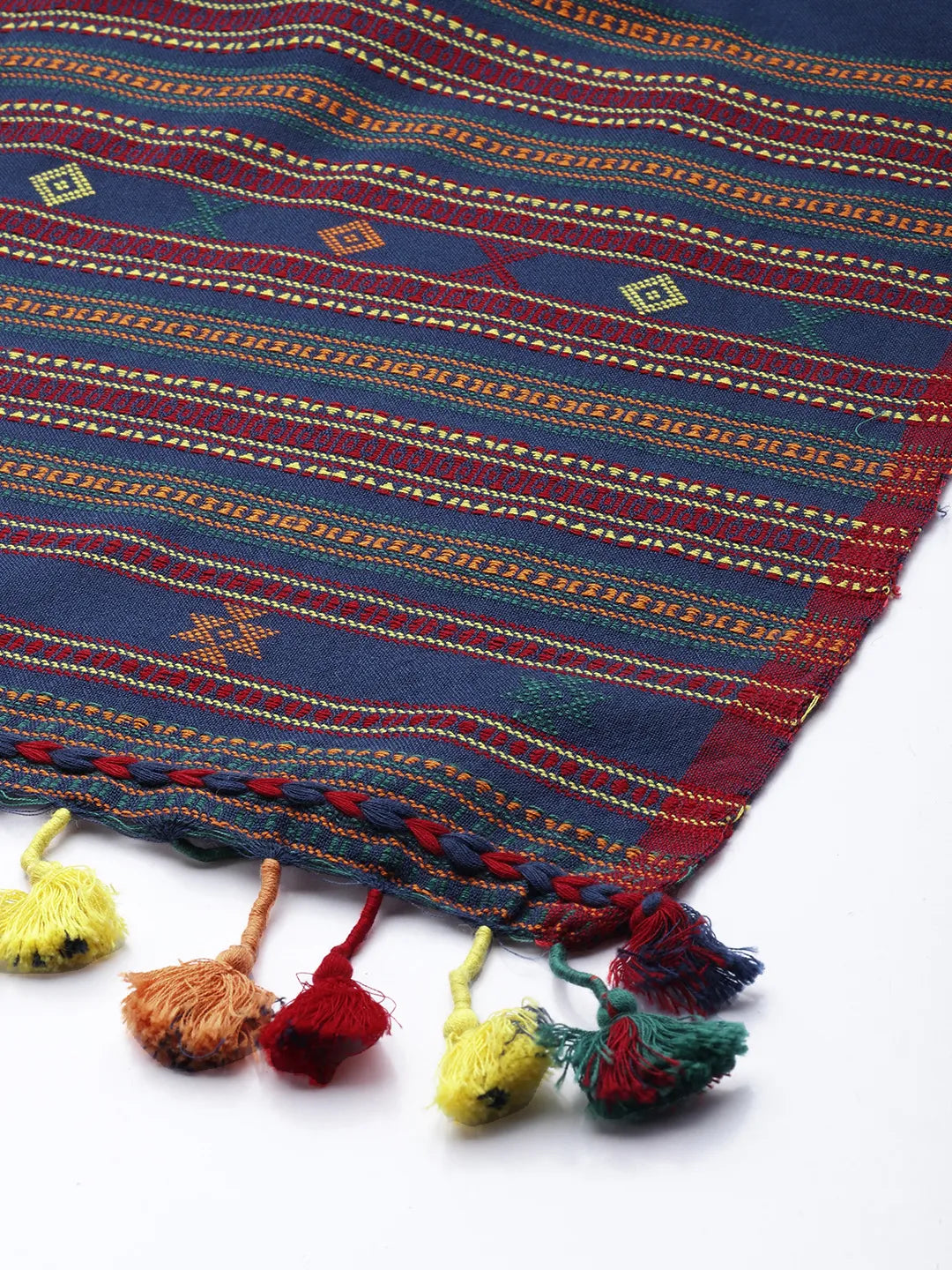 Asva Handwoven Cotton Scarf: Blue with Red Selvedge Multi Colour Stripes & Colorful Tassels
