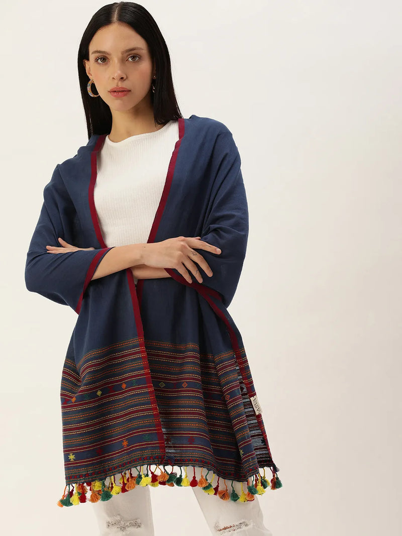 Handwoven Navy Blue Cotton Scarf with and Colorful Tassels