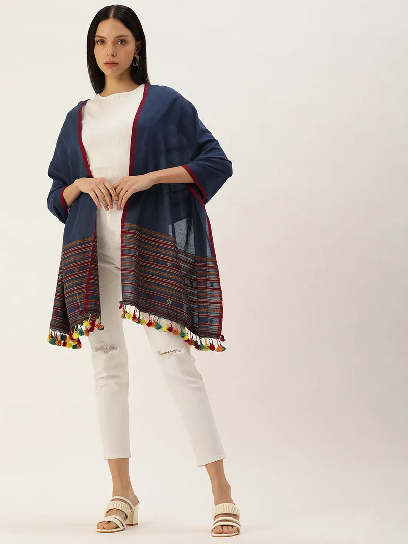 Handwoven Navy Blue Cotton Scarf with and Colorful Tassels