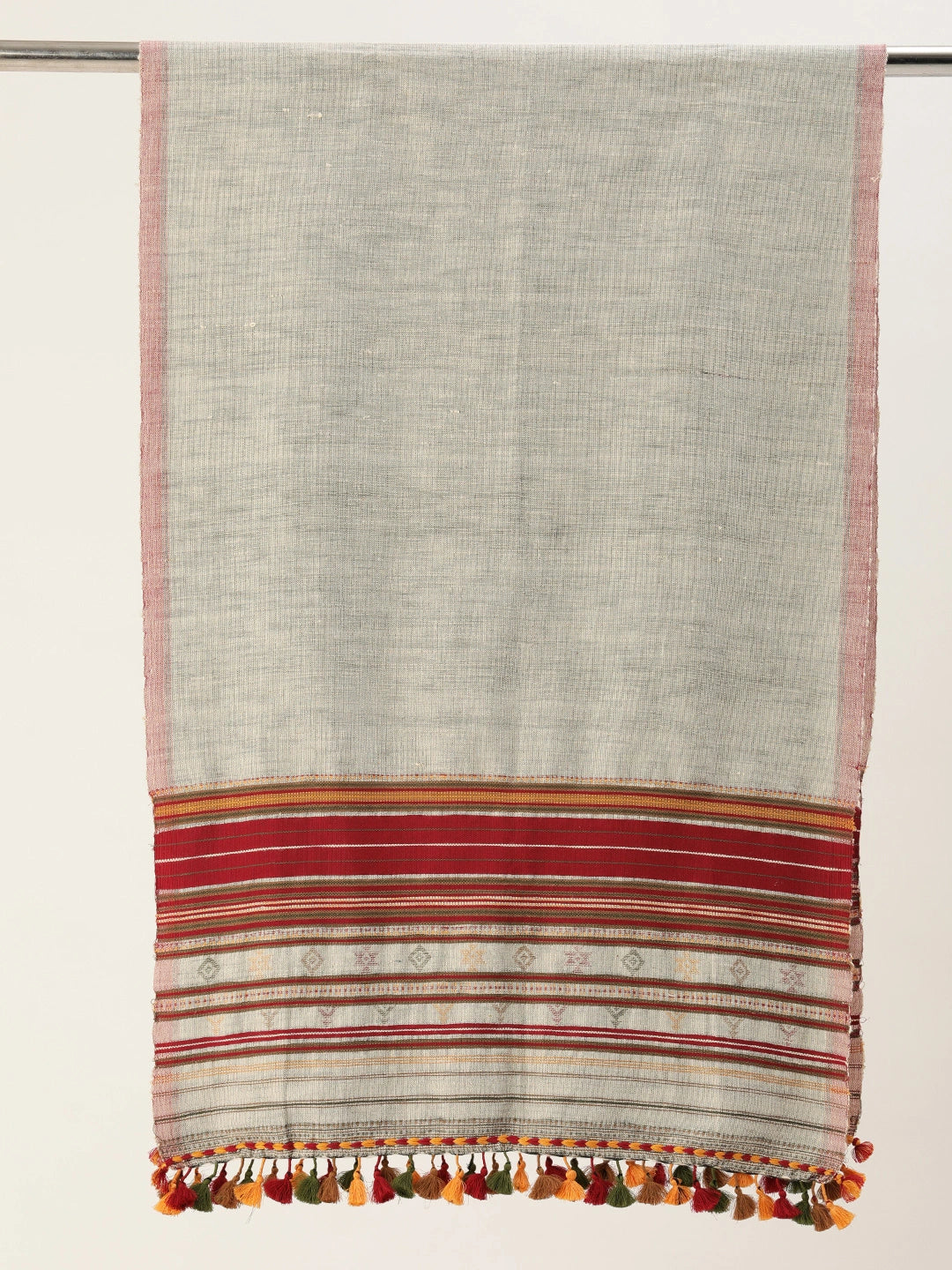 ASVA Handwoven Cotton Scarf: Grey with Maroon Border and Multi-color Tassels