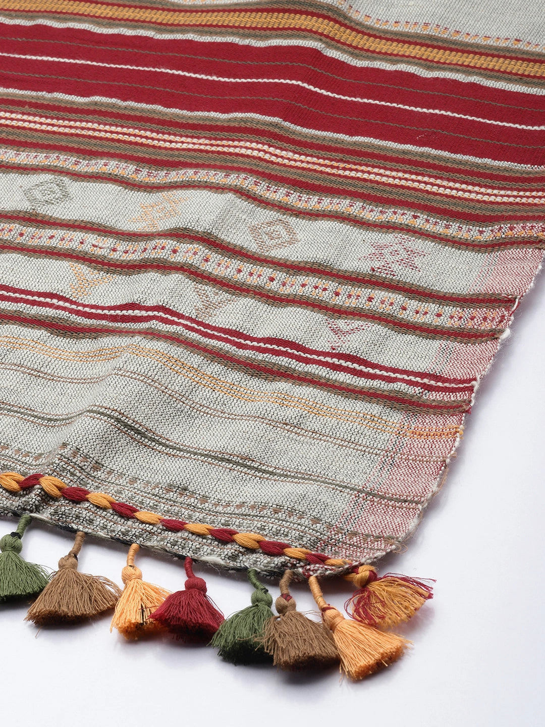 ASVA Handwoven Cotton Scarf: Grey with Maroon Border and Multi-color Tassels