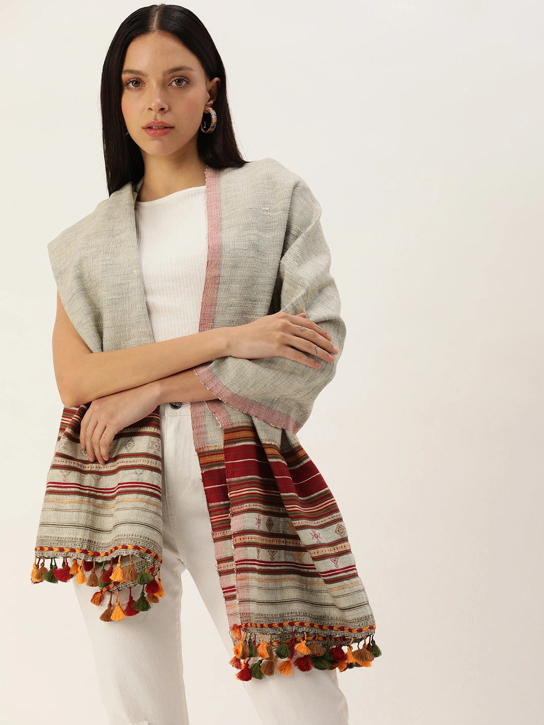 ASVA Handwoven Cotton Scarf: Grey with Maroon Border and Multi-color Tassels