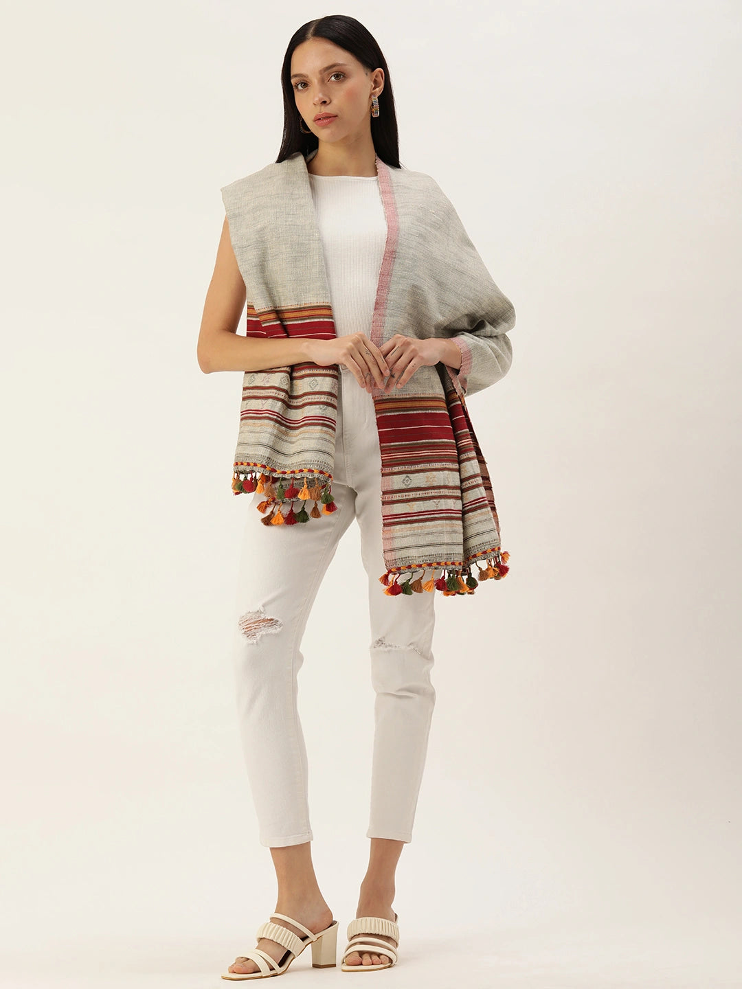 ASVA Handwoven Cotton Scarf: Grey with Maroon Border and Multi-color Tassels