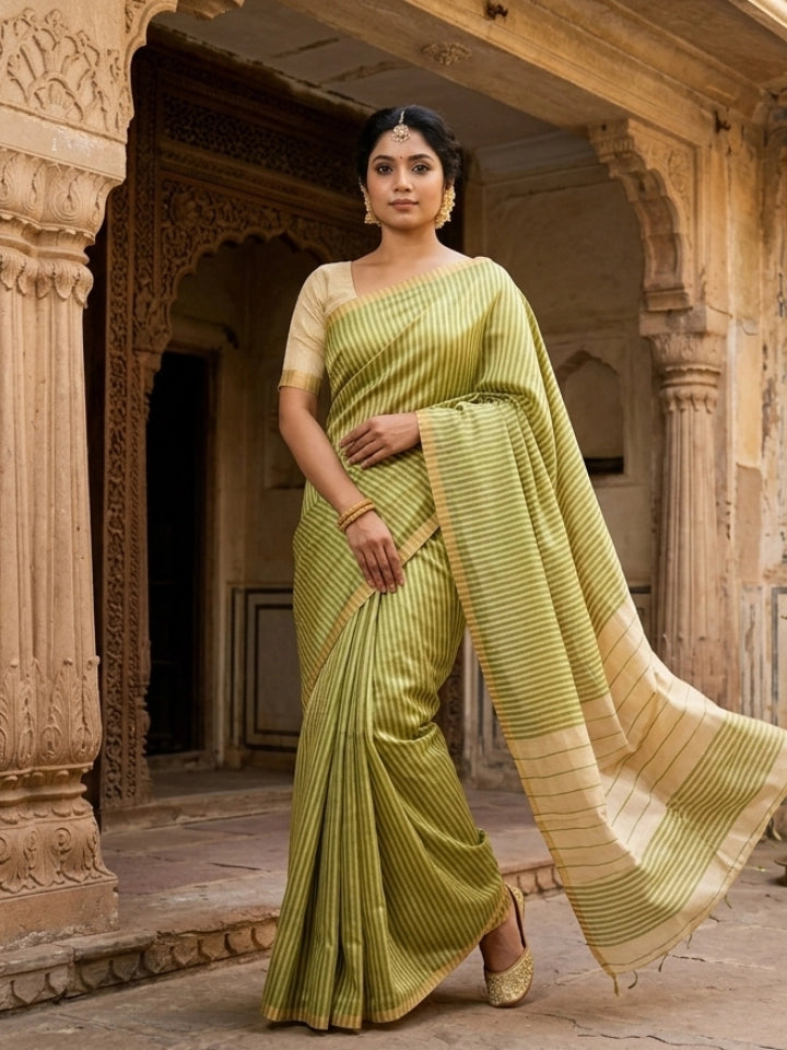 Handwoven Green & White Tissue Silk Saree with Allover Stripes