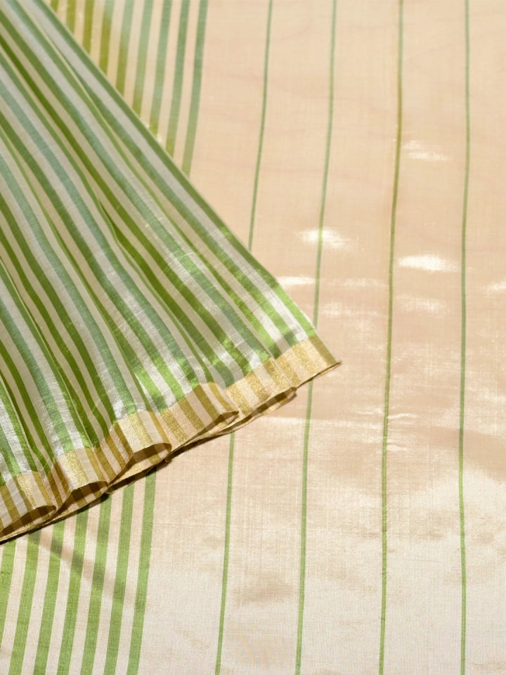 Handwoven Green & White Tissue Silk Saree with Allover Stripes
