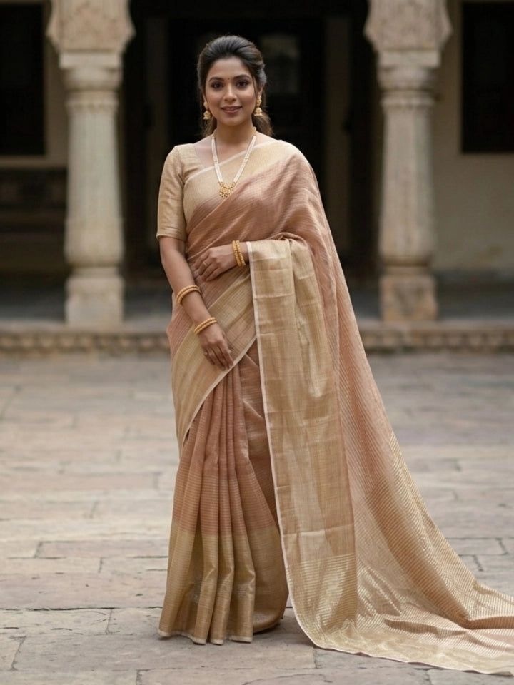 Handwoven Gold Silk Saree with Tissue Weaving & Stripe Pallu
