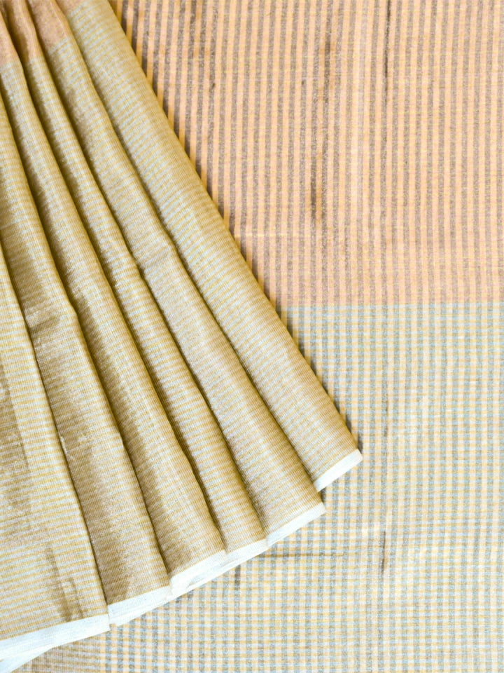 Handwoven Gold Silk Saree with Tissue Weaving & Stripe Pallu