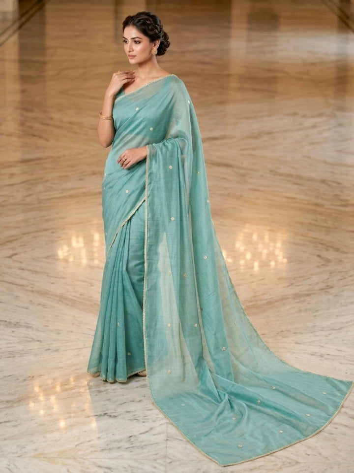 Handwoven Light Teal Green Organza Silk Saree with Buttis & Lace Work