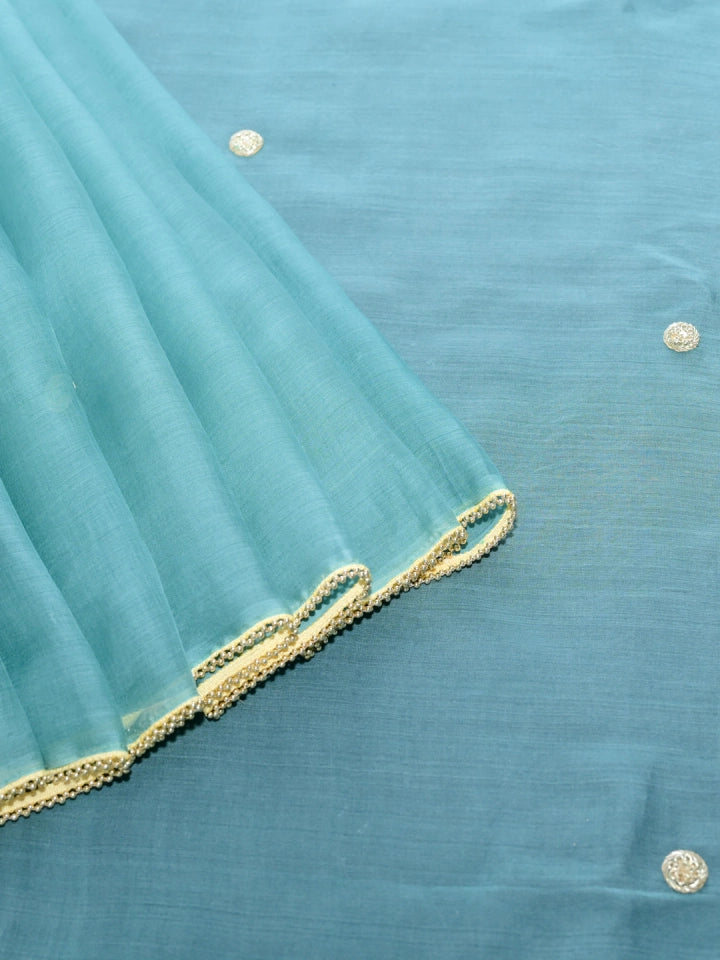 Handwoven Light Teal Green Organza Silk Saree with Buttis & Lace Work