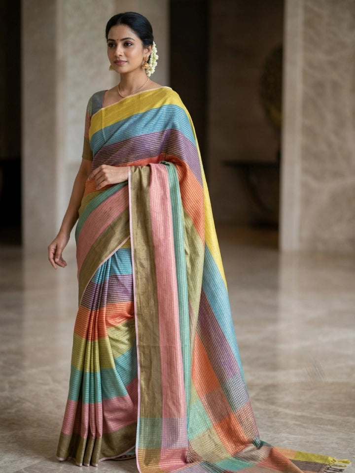 Handwoven Multicolour Striped Tissue Silk Saree