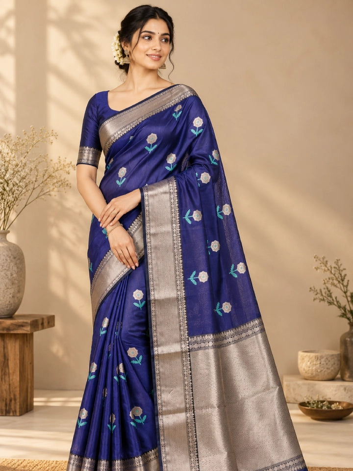 Handwoven Navy Blue Chanderi Silk Saree with Tissue Flower Motifs & Border