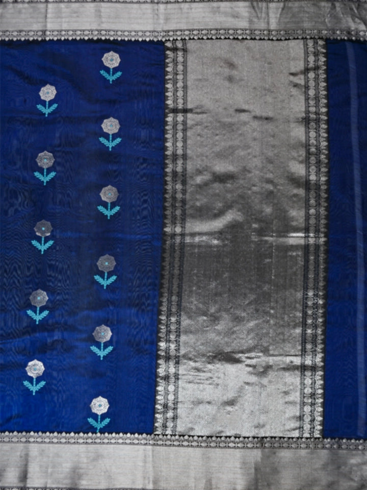 Handwoven Navy Blue Chanderi Silk Saree with Tissue Flower Motifs & Border