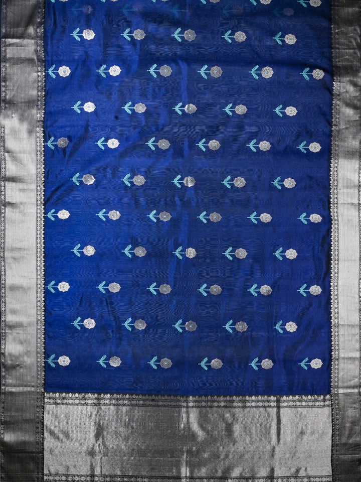 Handwoven Navy Blue Chanderi Silk Saree with Tissue Flower Motifs & Border
