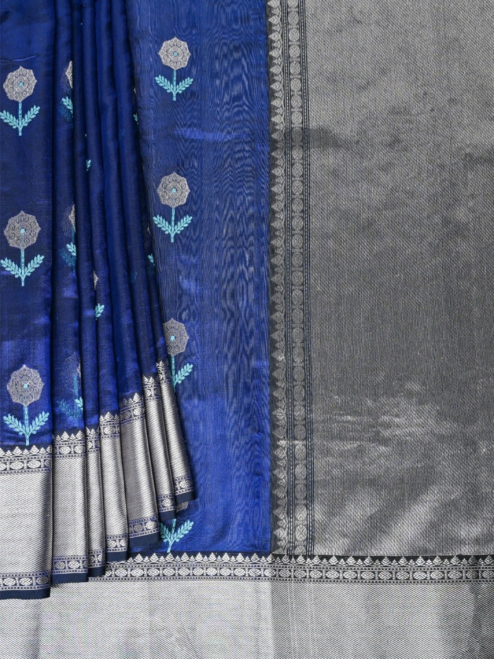 Handwoven Navy Blue Chanderi Silk Saree with Tissue Flower Motifs & Border