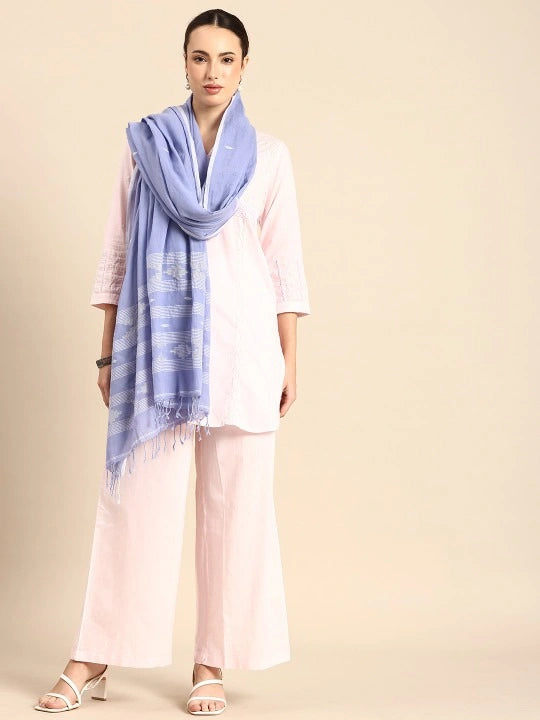 Handwoven Navy Blue Cotton Scarf with Jamdani Woven