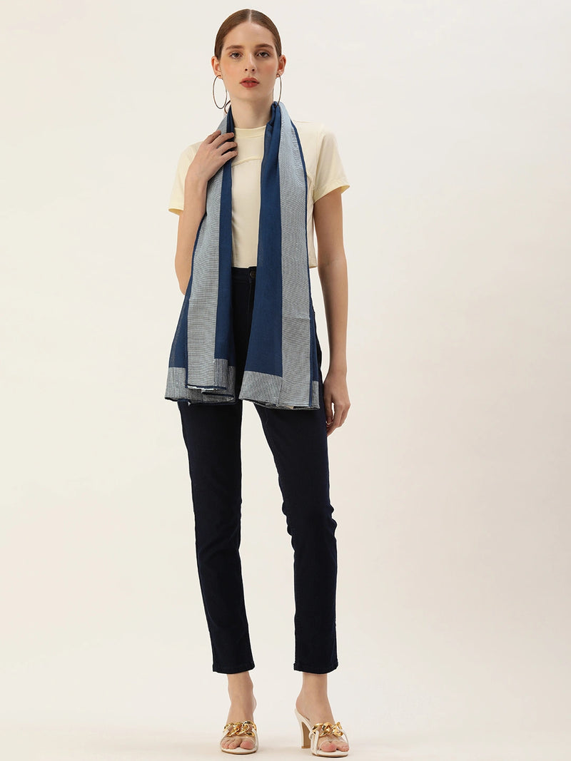 Handwoven Navy Blue Cotton Scarf with White Lined Border