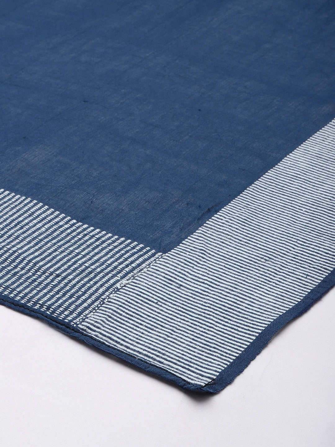 ASVA Handwoven Navy Blue Cotton Scarf with White Lined Border