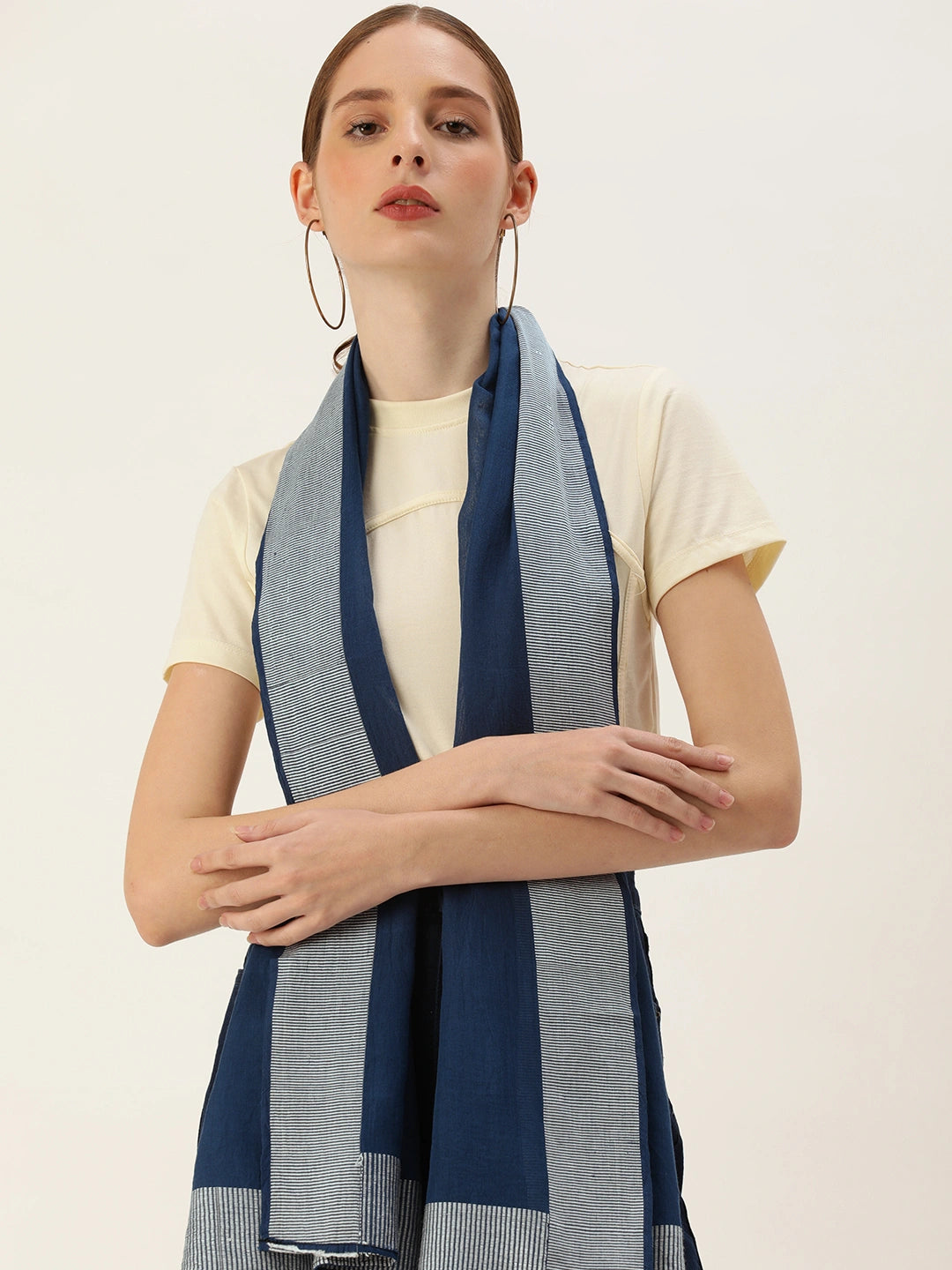 ASVA Handwoven Navy Blue Cotton Scarf with White Lined Border