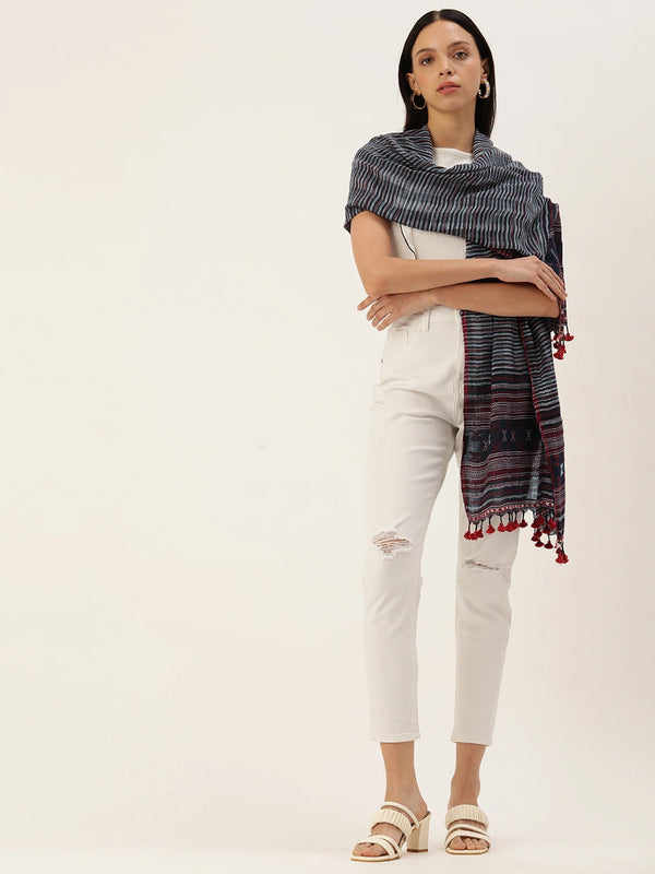 Handwoven Navy Blue and White Striped Cotton Scarf with Maroon Selvedge & Tassels