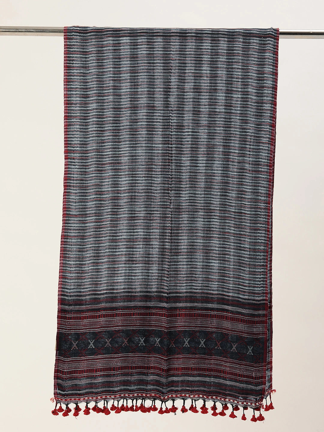 Handwoven Navy Blue and White Striped Cotton Scarf with Maroon Selvedge & Tassels