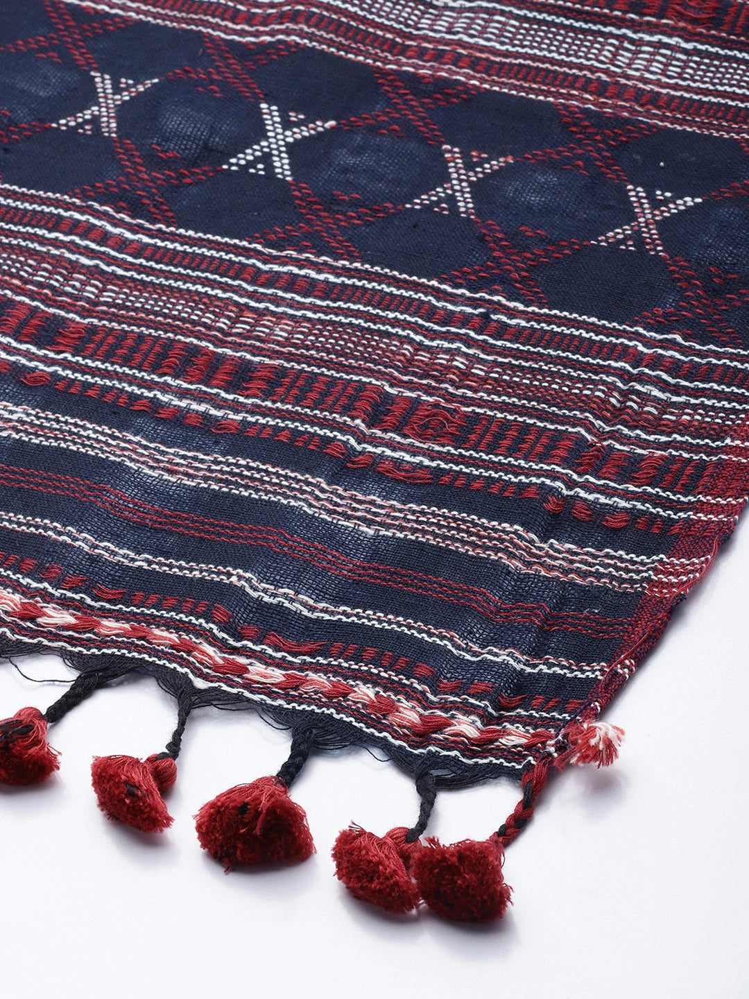 Handwoven Navy Blue and White Striped Cotton Scarf with Maroon Selvedge & Tassels