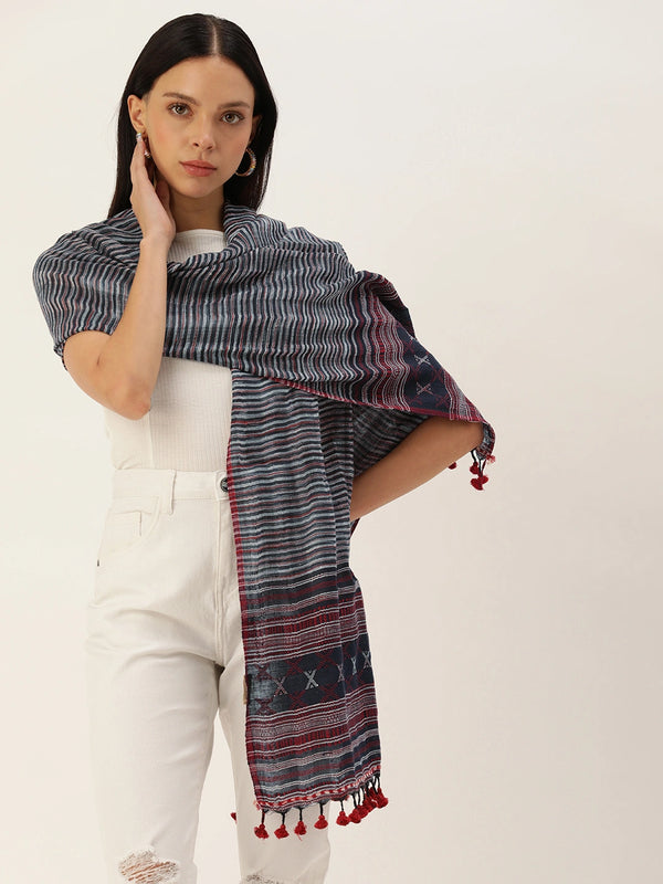 Handwoven Navy Blue and White Striped Cotton Scarf with Maroon Selvedge & Tassels
