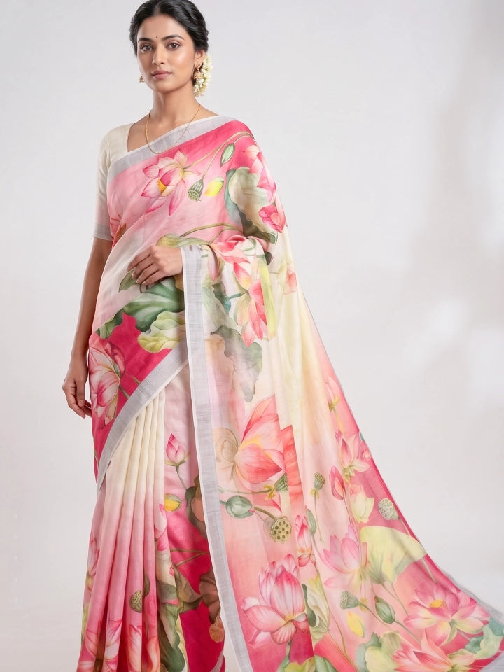 Handwoven Off White Matka Silk Saree with Lotus Design Digital Print