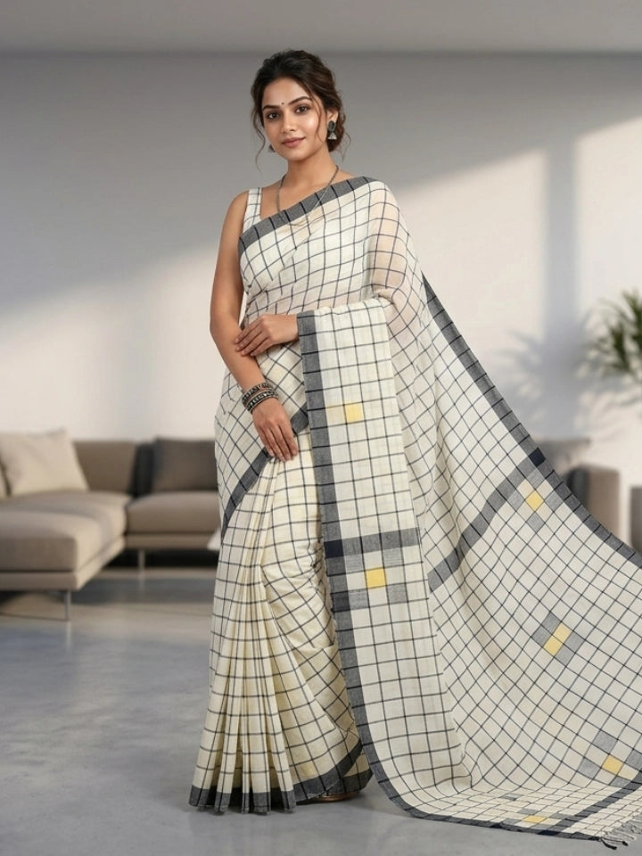Handwoven Off White Saree with Black Check Pattern