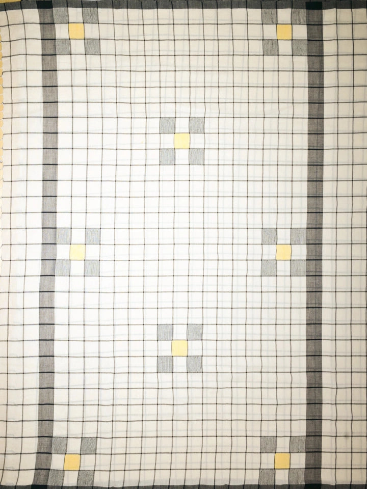 Handwoven Off White Saree with Black Check Pattern