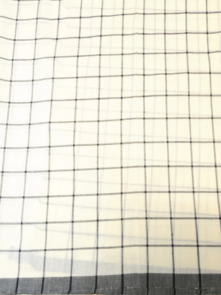 Handwoven Off White Saree with Black Check Pattern