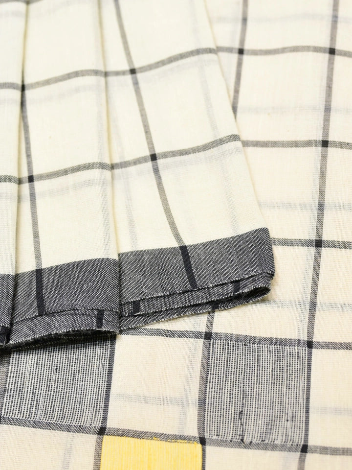 Handwoven Off White Saree with Black Check Pattern