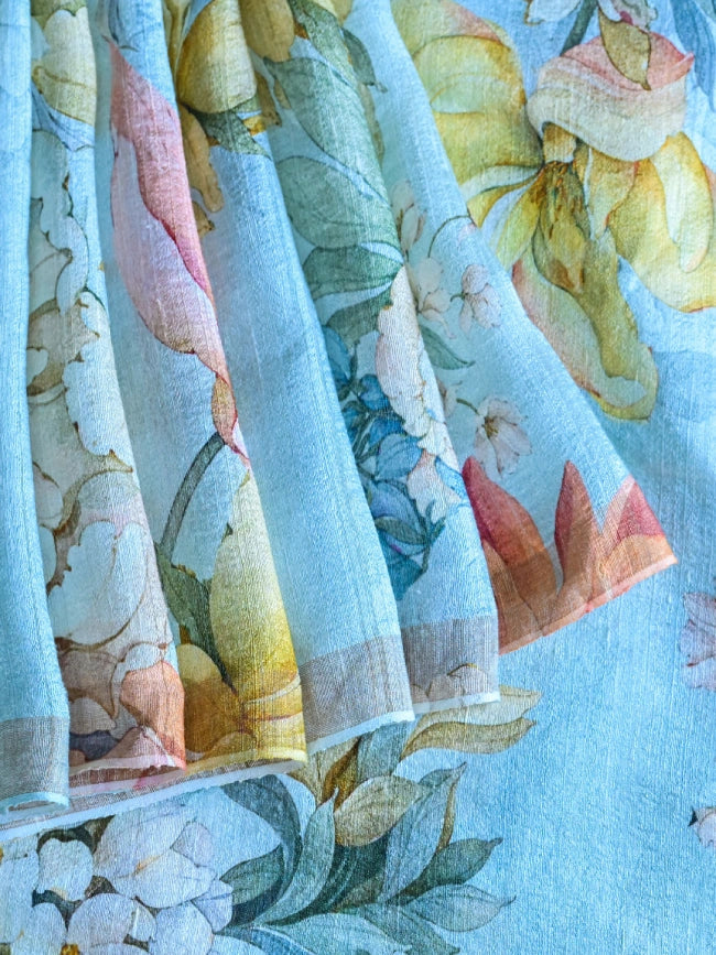 Handwoven Pastel Green Matka Silk Saree with Floral Digital Print