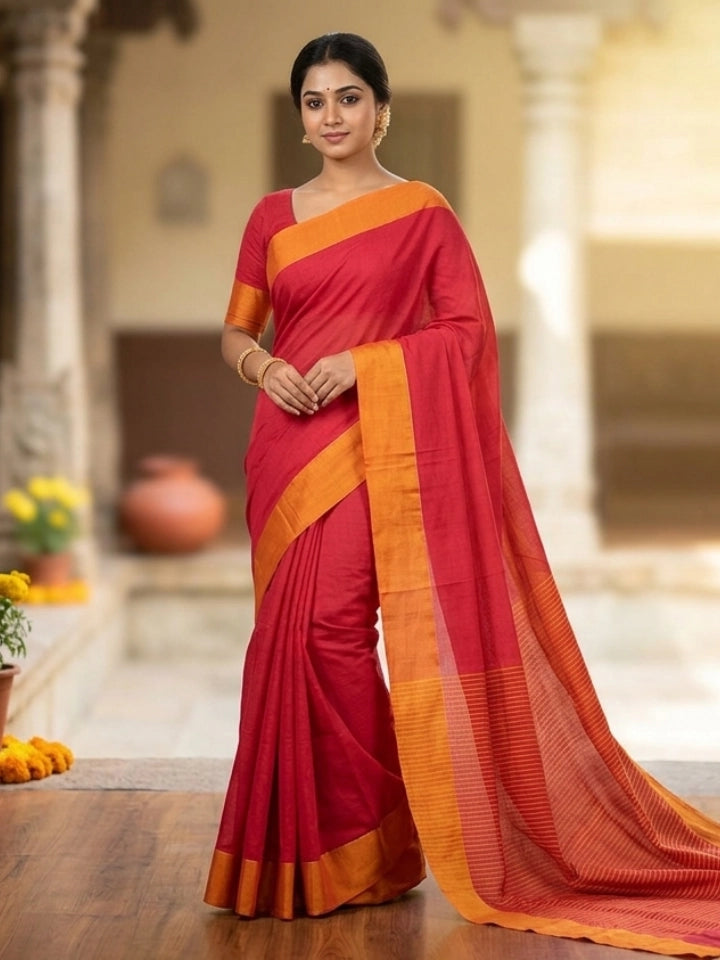 Handwoven Red Cotton Saree with Mustard Yellow Border