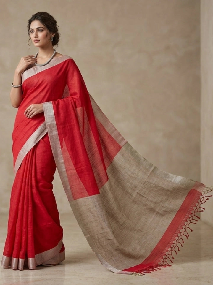 Handwoven Red Mul Cotton Saree with Tussar Silk Pallu