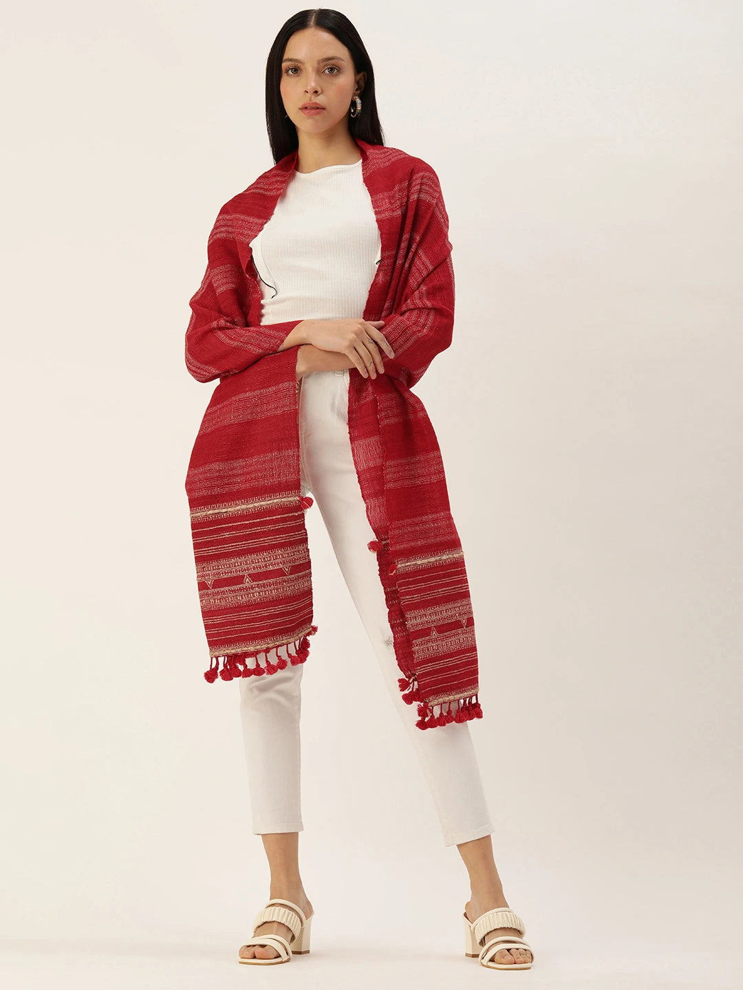 ASVA Handwoven Red Silk Wool Scarf with Beige Stripes & Tassels