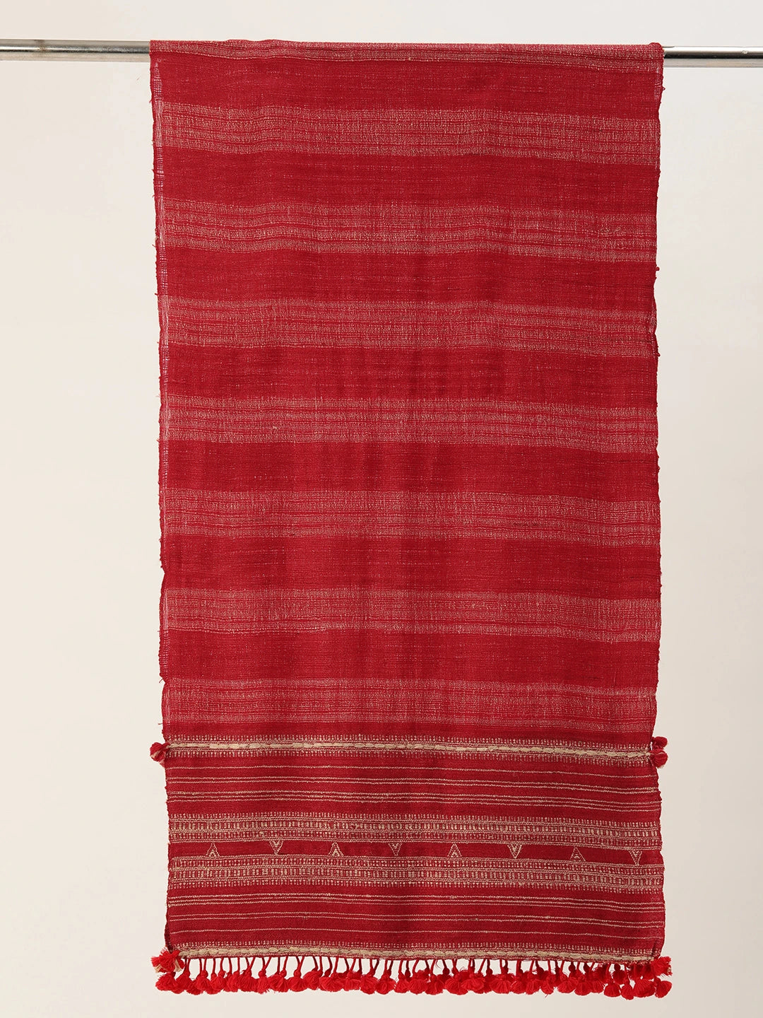 ASVA Handwoven Red Silk Wool Scarf with Beige Stripes & Tassels