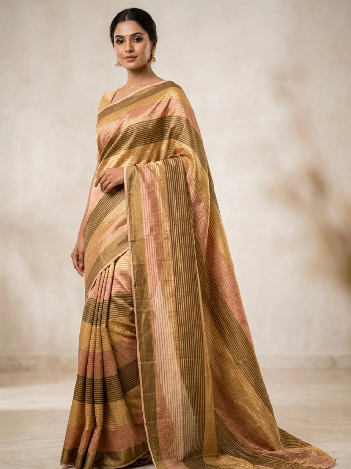 Handwoven Gold & Black Silk Tissue Saree with Striped Pallu