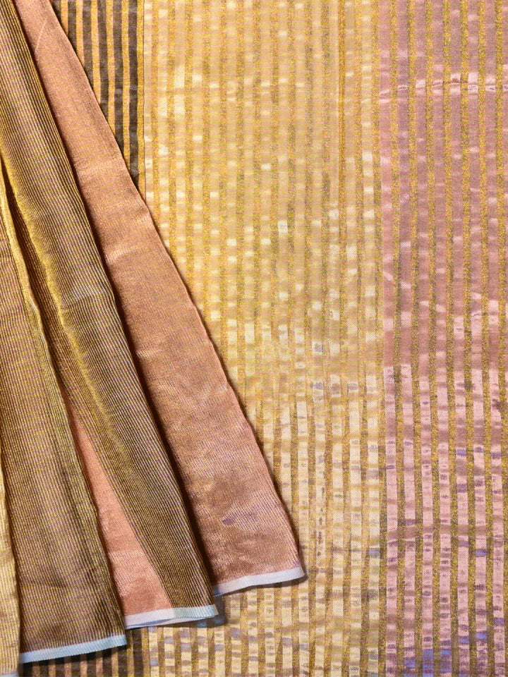 Handwoven Gold & Black Silk Tissue Saree with Striped Pallu