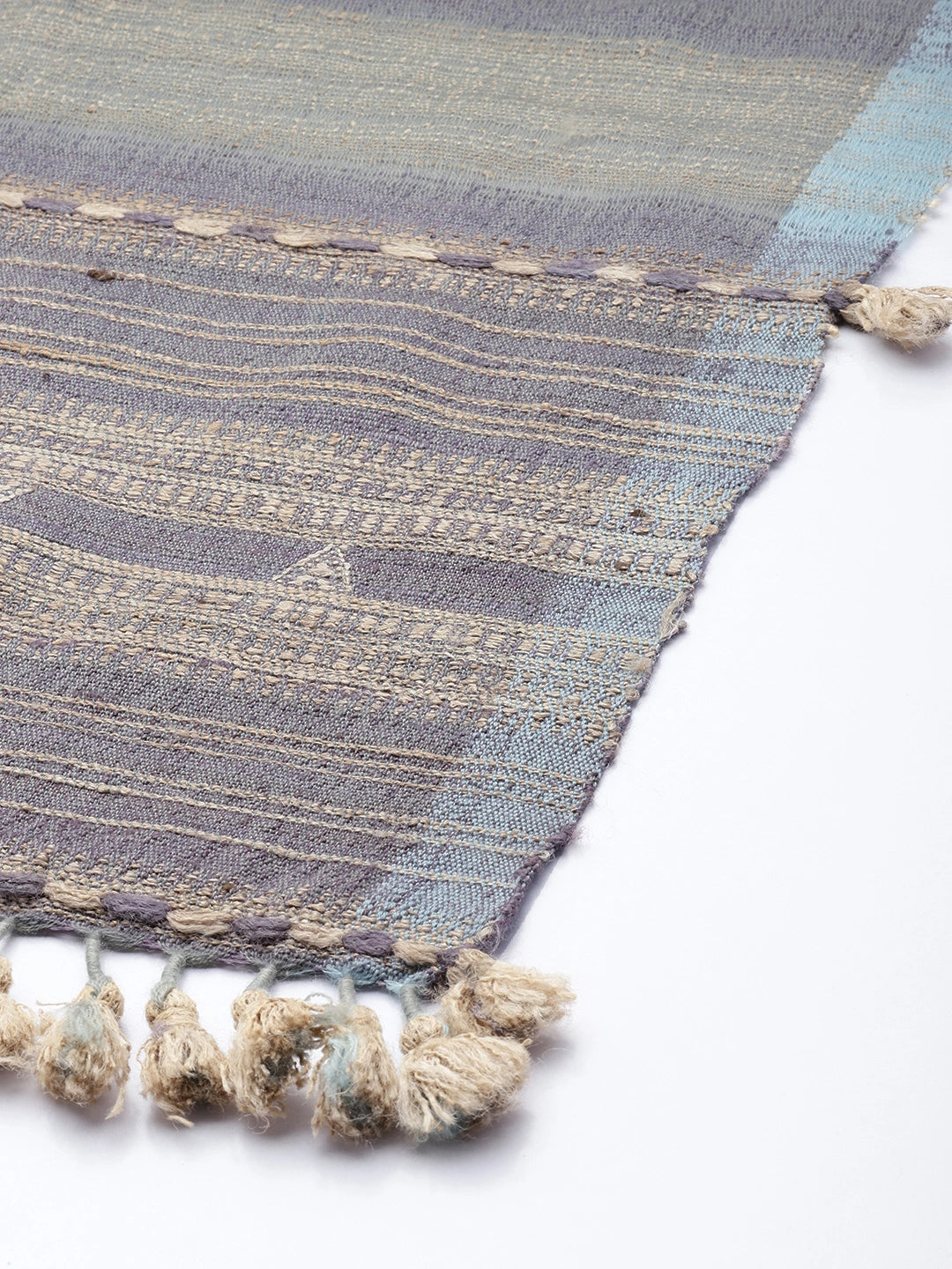 ASVA Handwoven Grey Silk Wool Scarf with Beige Stripes & Tassels