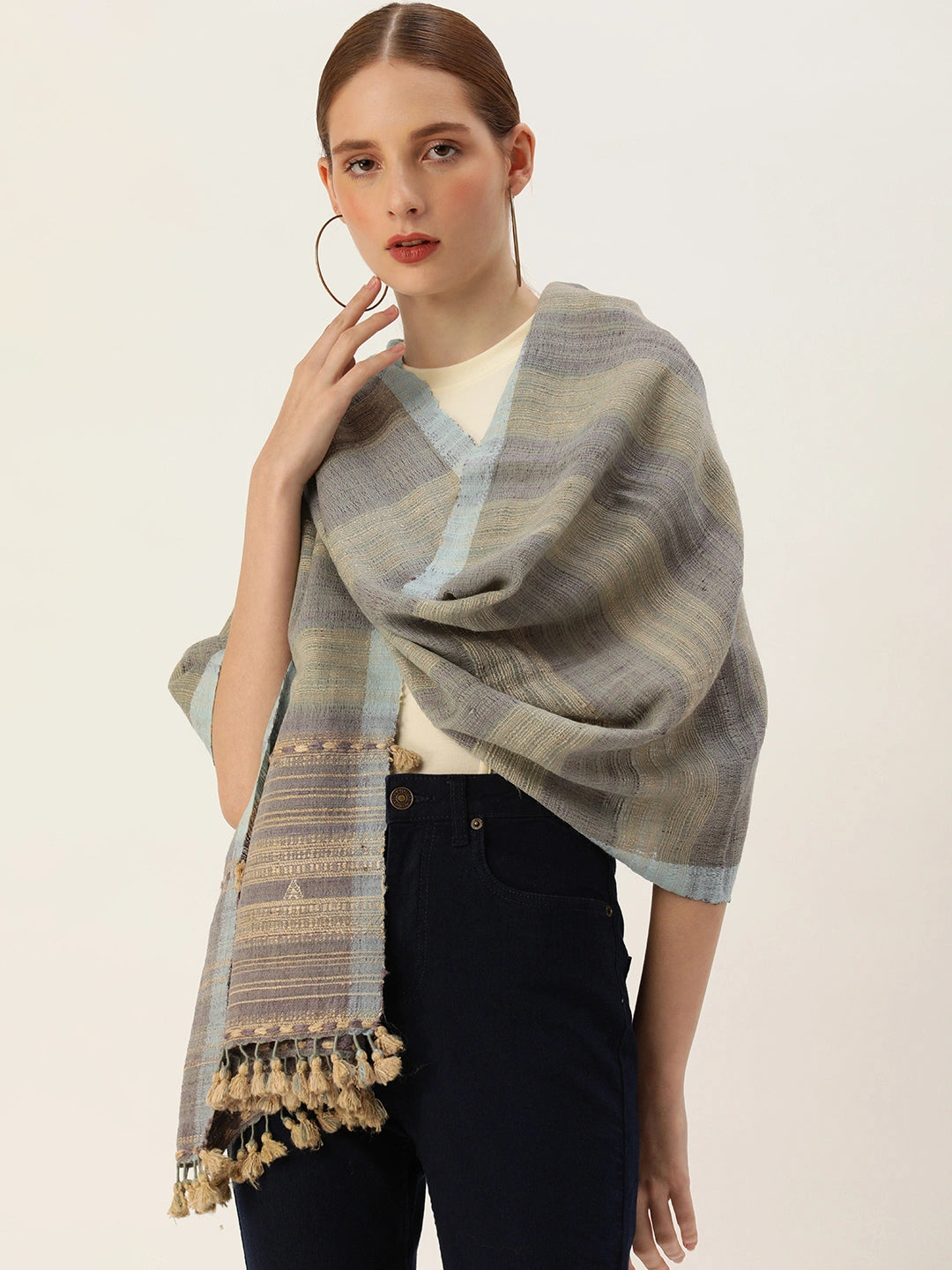 ASVA Handwoven Grey Silk Wool Scarf with Beige Stripes & Tassels