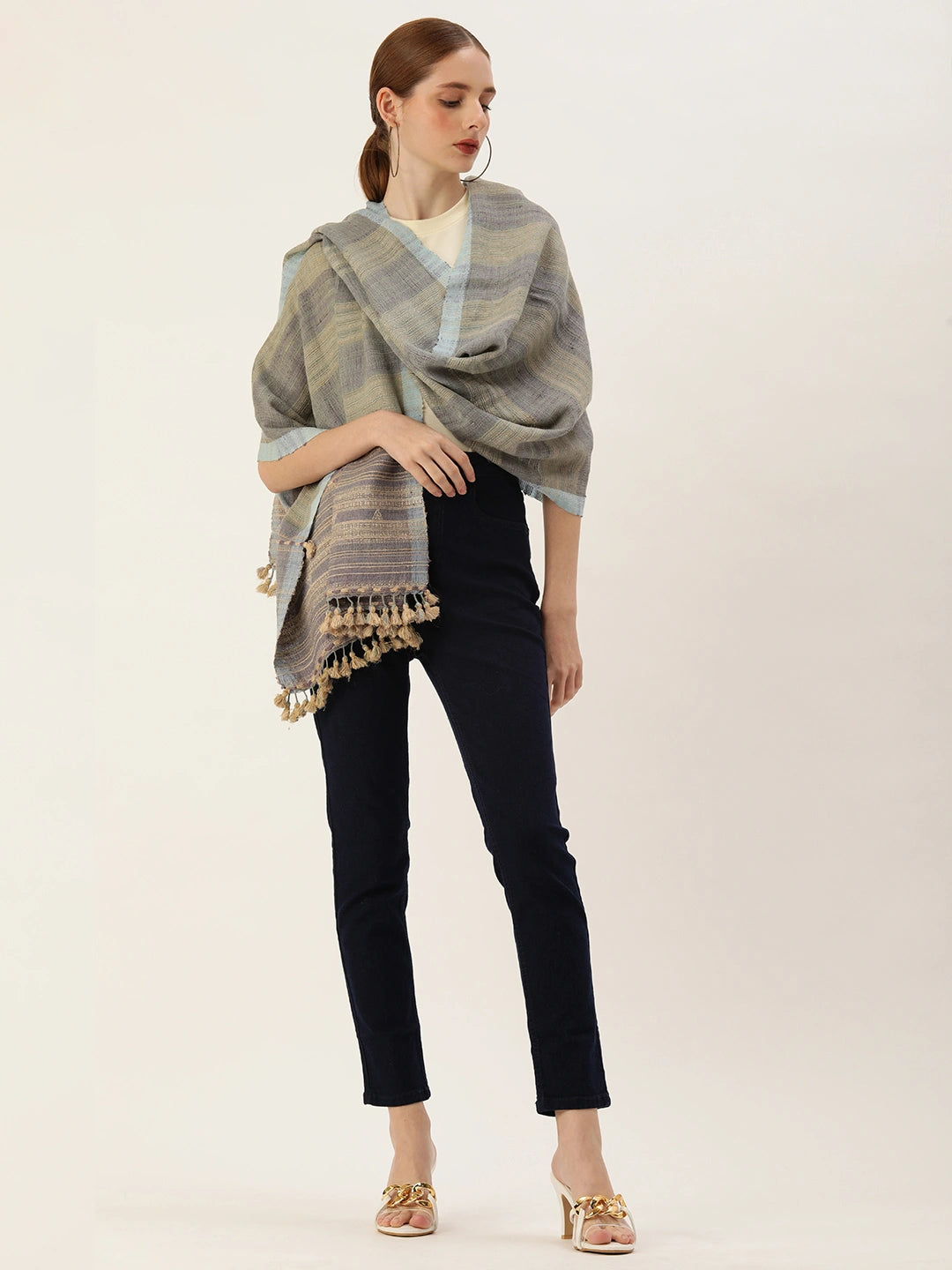 ASVA Handwoven Grey Silk Wool Scarf with Beige Stripes & Tassels