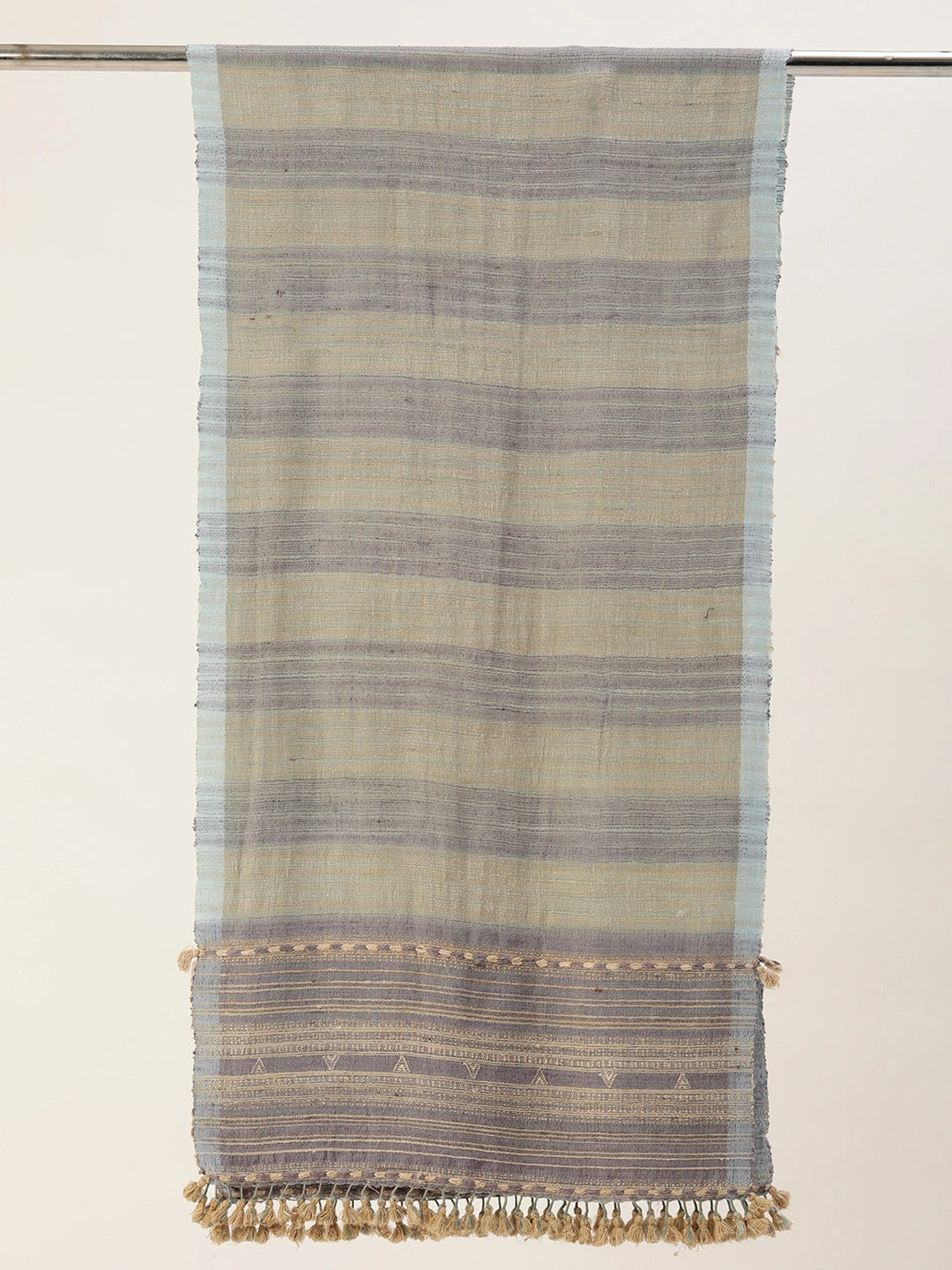 ASVA Handwoven Grey Silk Wool Scarf with Beige Stripes & Tassels