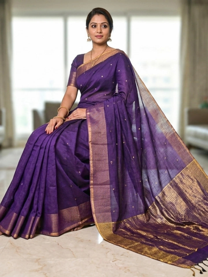 Handwoven Violet Cotton Saree with Striped Pallu