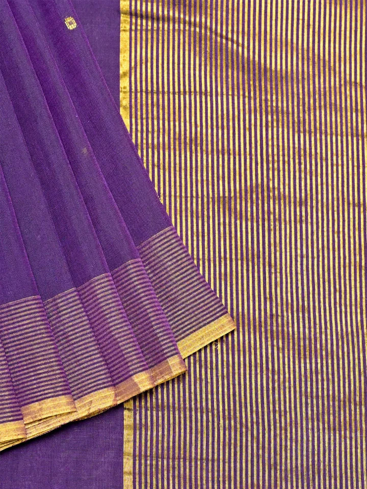 Handwoven Violet Cotton Saree with Striped Pallu