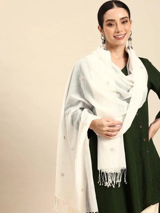 Handwoven White Cotton Dupatta with Gold Zari Buta Jamdani Design