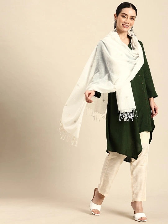 Handwoven White Cotton Dupatta with Gold Zari Buta Jamdani Design