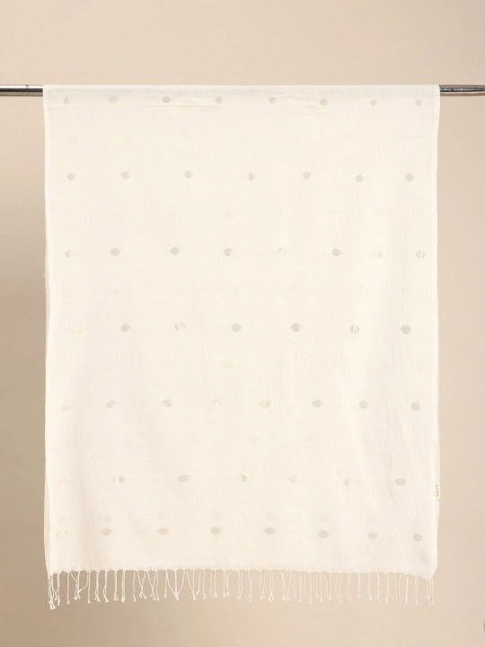 Handwoven White Cotton Dupatta with Gold Zari Buta Jamdani Design